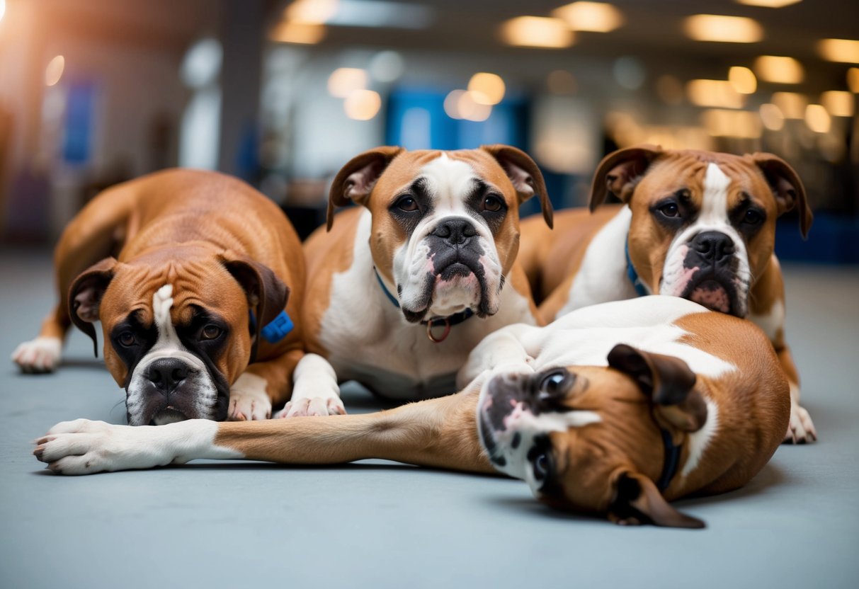 A group of boxers with various health issues, one laying motionless