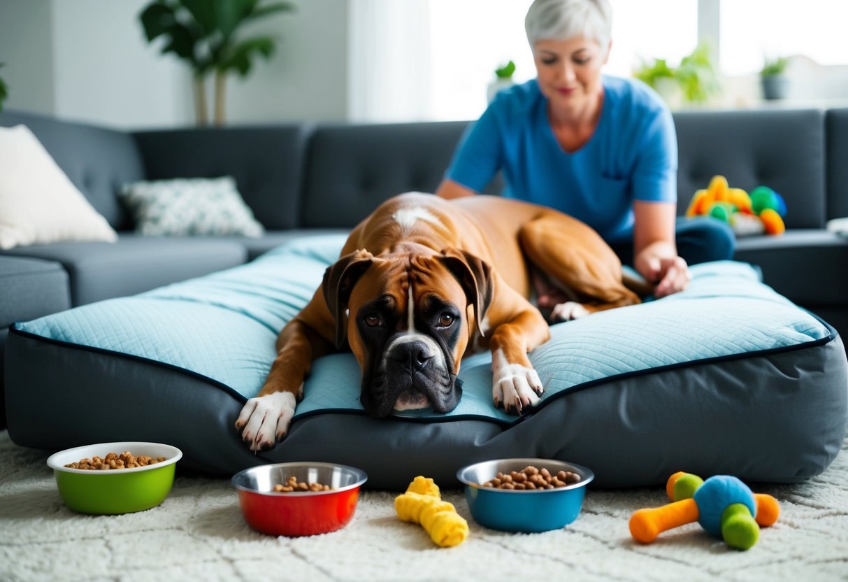 A boxer dog lying peacefully on a comfortable bed, surrounded by healthy food and water bowls, toys, and a caring owner