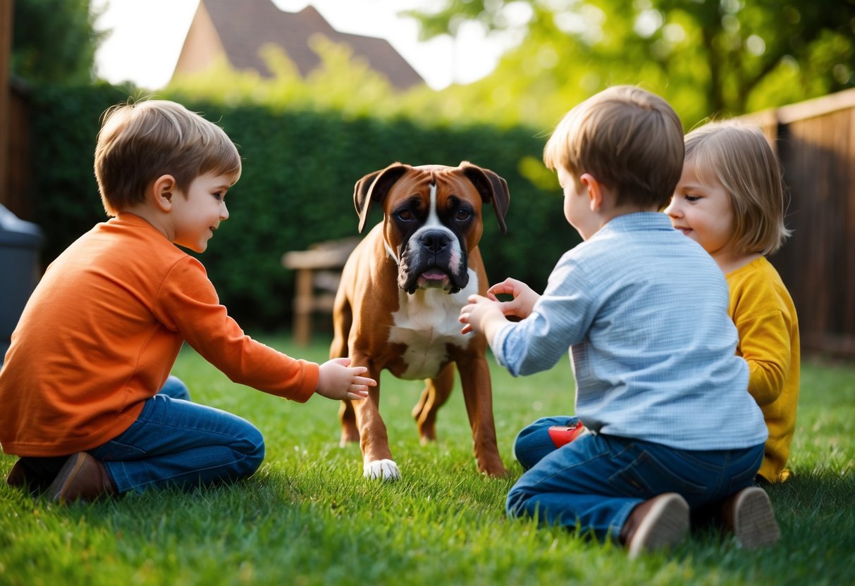 A boxer dog playing gently with children in a backyard