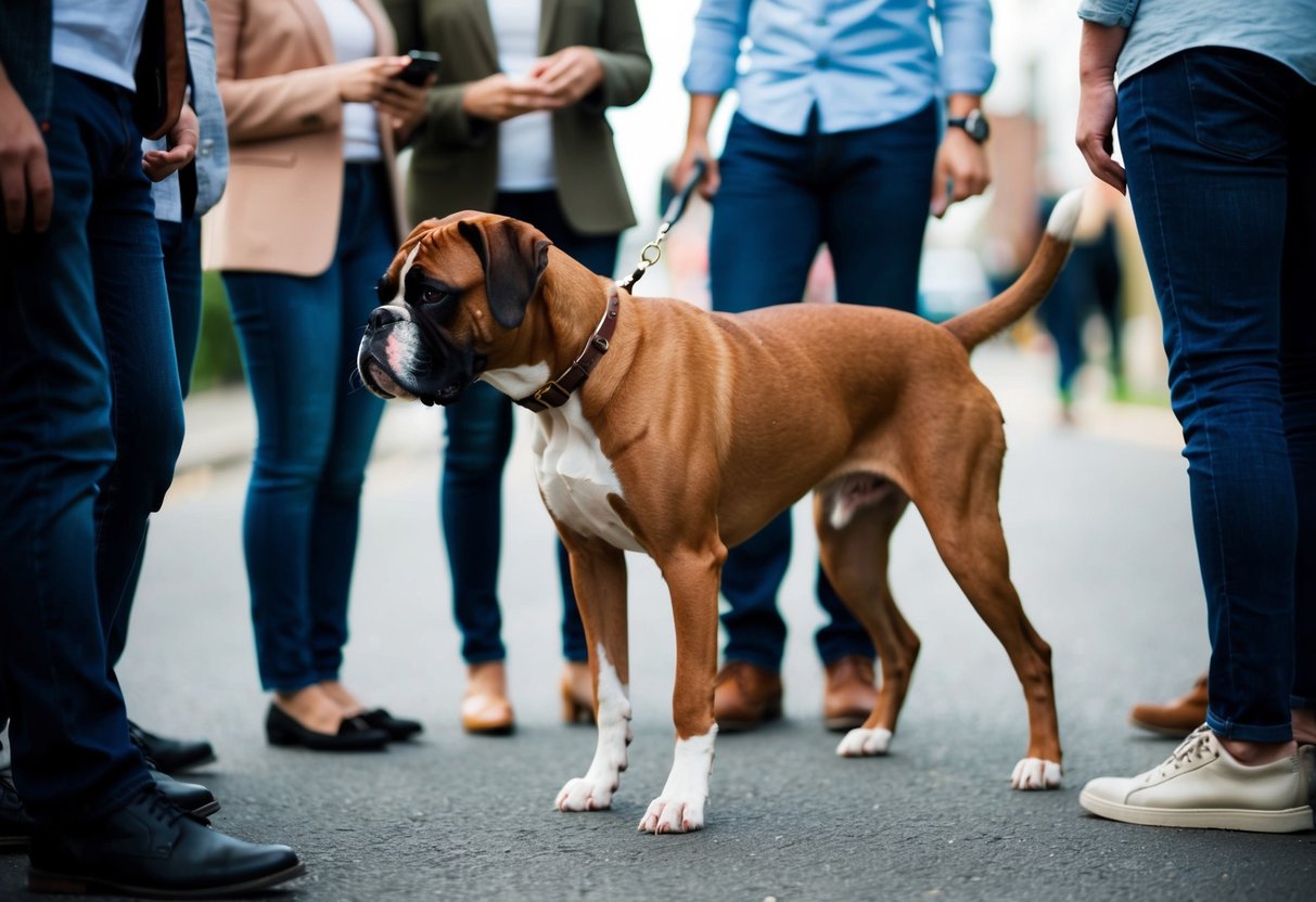 A boxer dog confidently approaches a group of strangers, wagging its tail and sniffing curiously