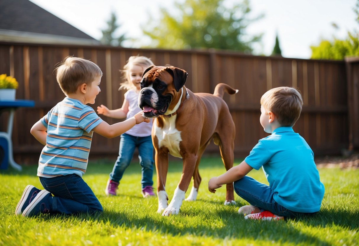 A boxer dog playing with children in a backyard, wagging its tail and looking affectionately at the kids