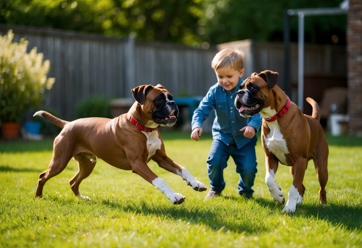 Two boxer dogs playing with children in a backyard