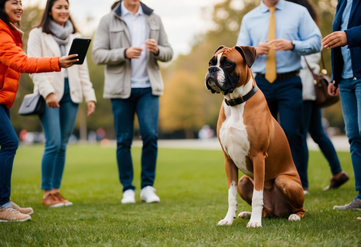 A boxer dog confidently greeting a group of unfamiliar people at a park