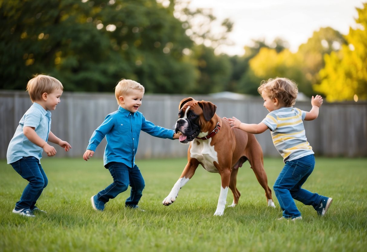 A Boxer dog playing gently with children in a spacious, grassy backyard