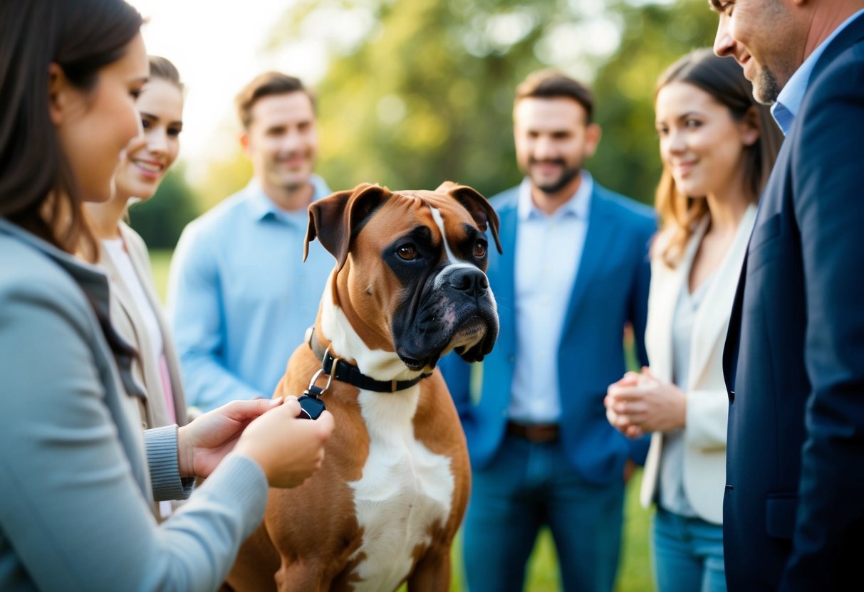 A boxer dog being introduced to a group of strangers, showing a calm and confident demeanor