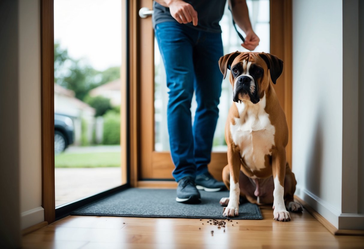 A boxer dog sits by the front door, whining and scratching, as the owner prepares to leave the house. The dog looks anxious and hesitant to be left alone