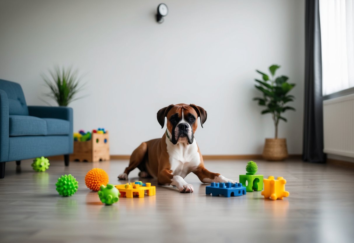 A boxer dog sits alone in a spacious room, surrounded by toys and puzzles to keep it mentally stimulated while its owner is away