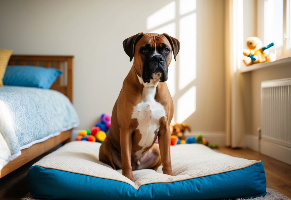 A boxer dog sits calmly in a sunlit room, surrounded by toys and a comfortable bed. The dog appears content and relaxed, showing no signs of distress or anxiety