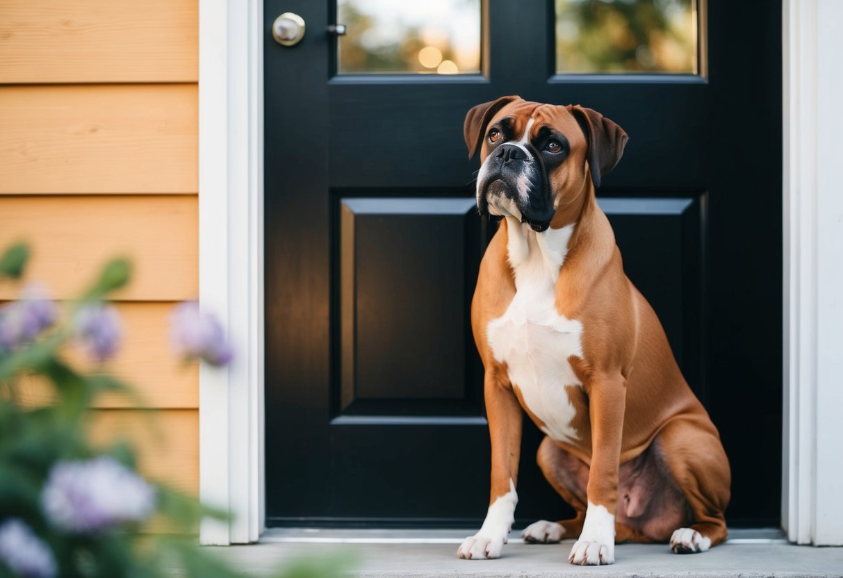A boxer dog sitting by the door, looking up with big, pleading eyes