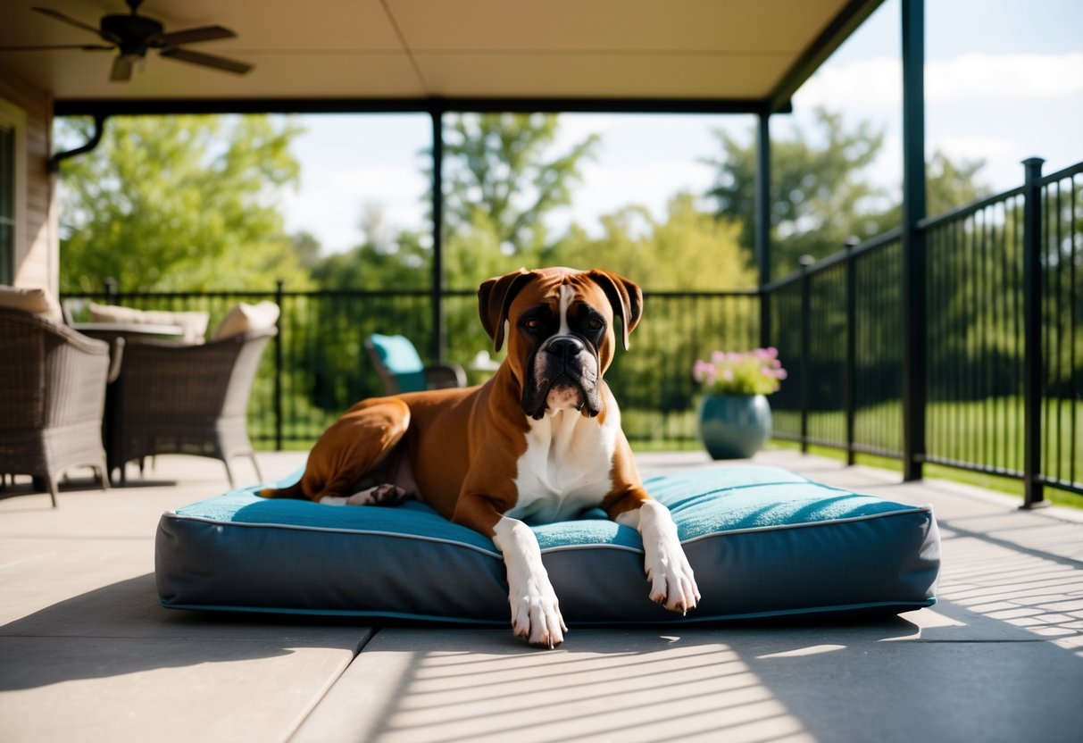 A boxer dog lounges on a spacious, shaded patio, surrounded by a sturdy fence and a comfortable dog bed
