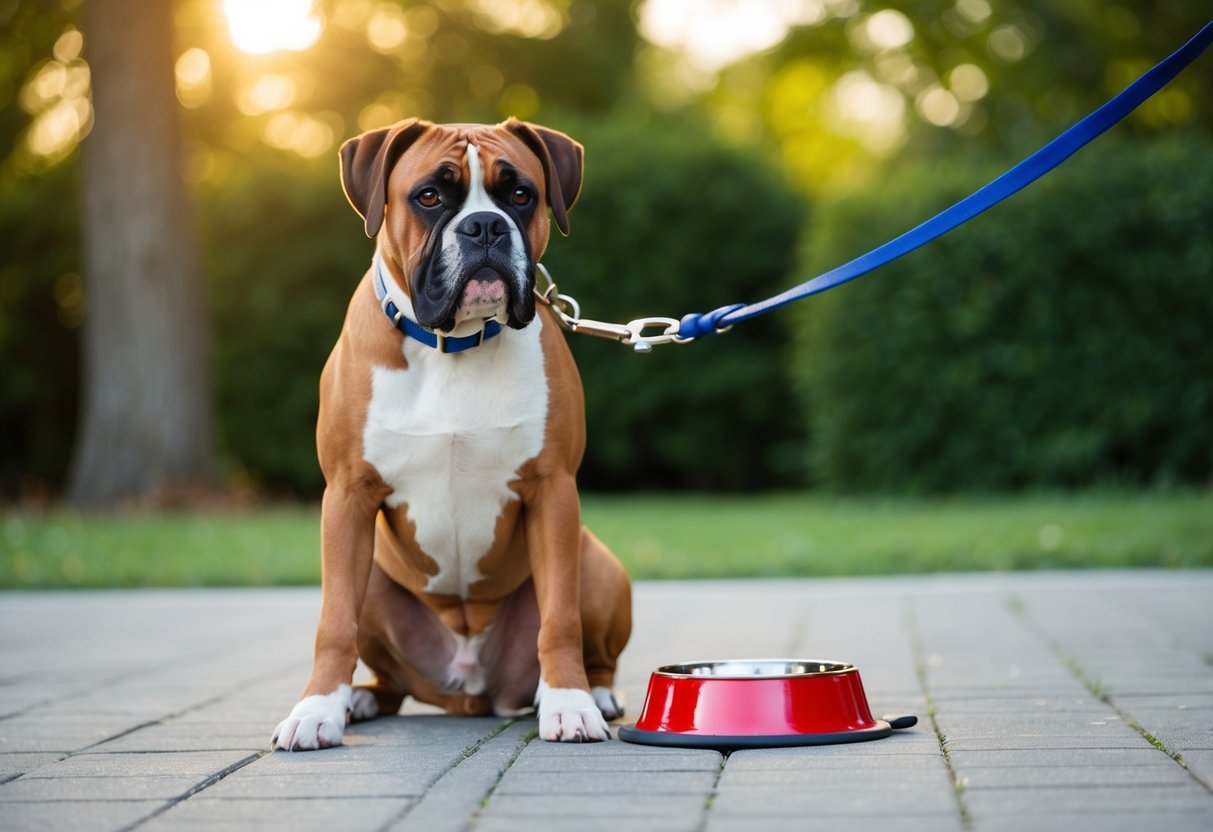 A boxer dog eagerly awaits attention, with a leash and food bowl nearby