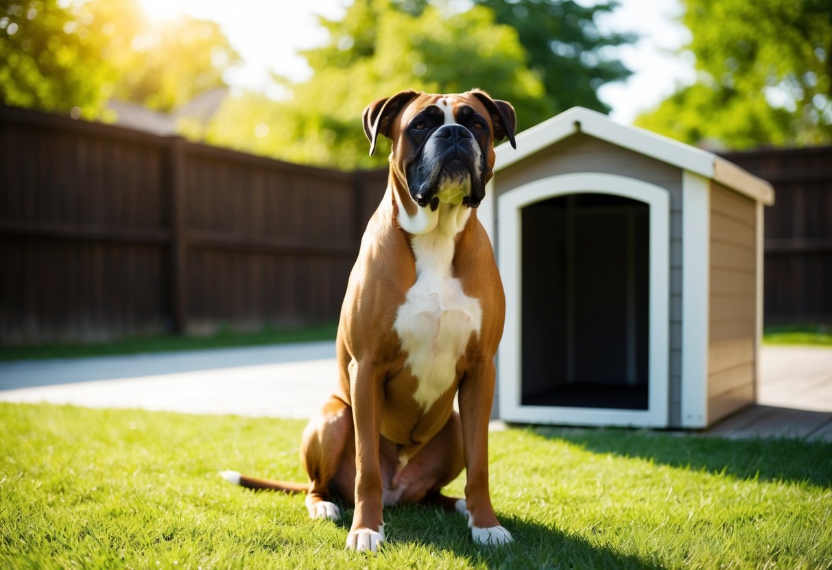 A boxer dog sits outside in a spacious backyard, basking in the sunlight with a content expression. A sturdy doghouse is nearby, providing shelter