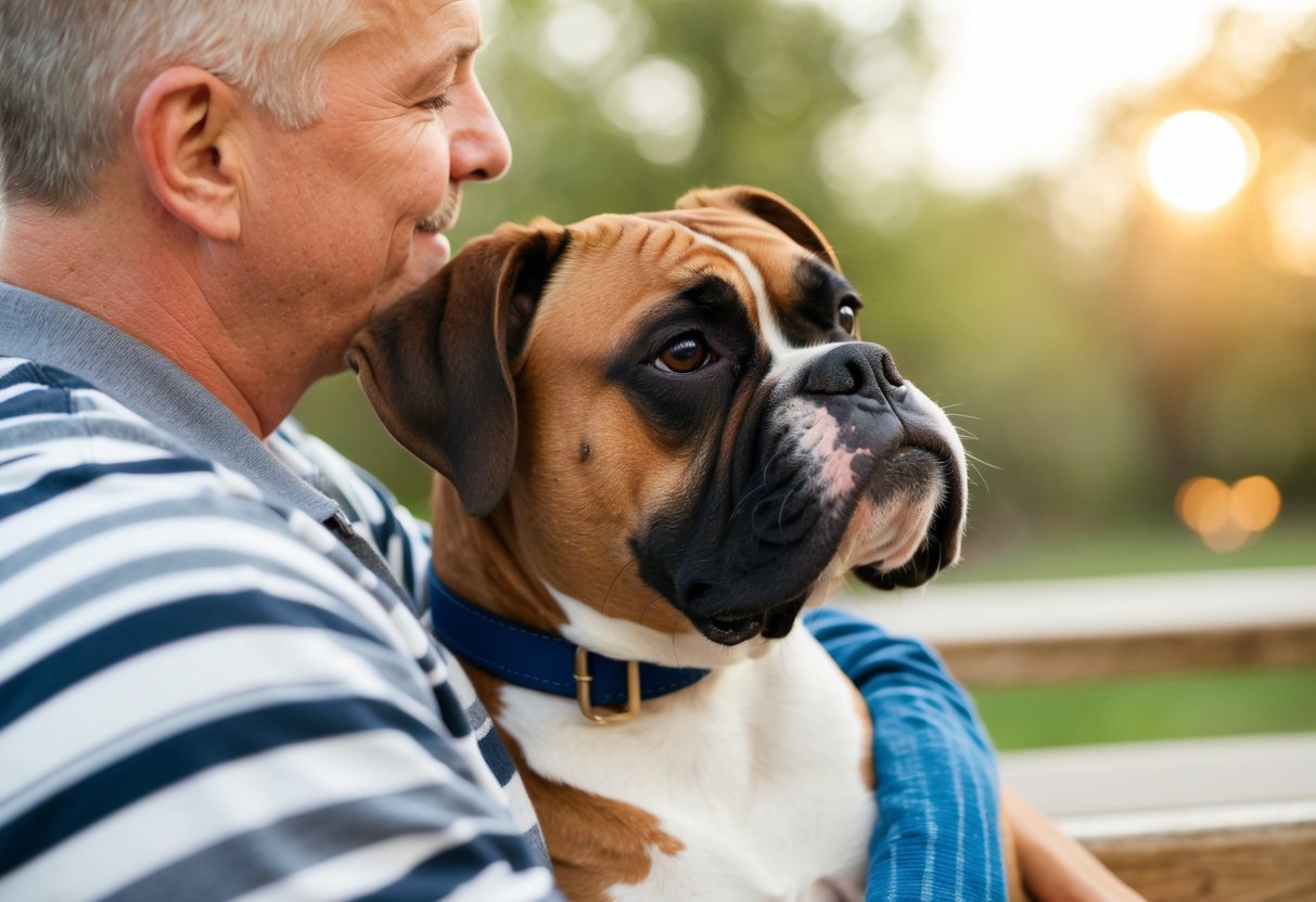A boxer dog eagerly leans against its owner, seeking attention and affection
