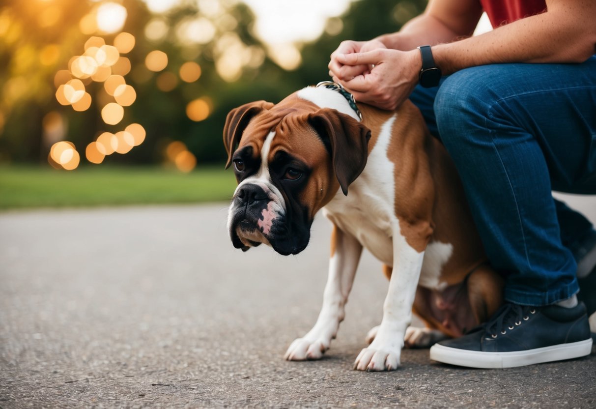 A boxer dog nuzzles its owner's leg, seeking attention