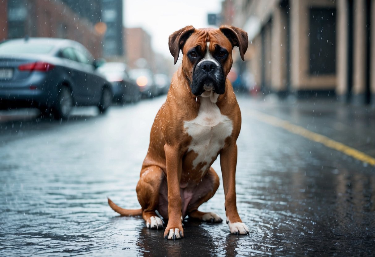 A boxer dog sits outside in the rain, looking uncomfortable and wet. The wind blows its fur as it shivers in the cold