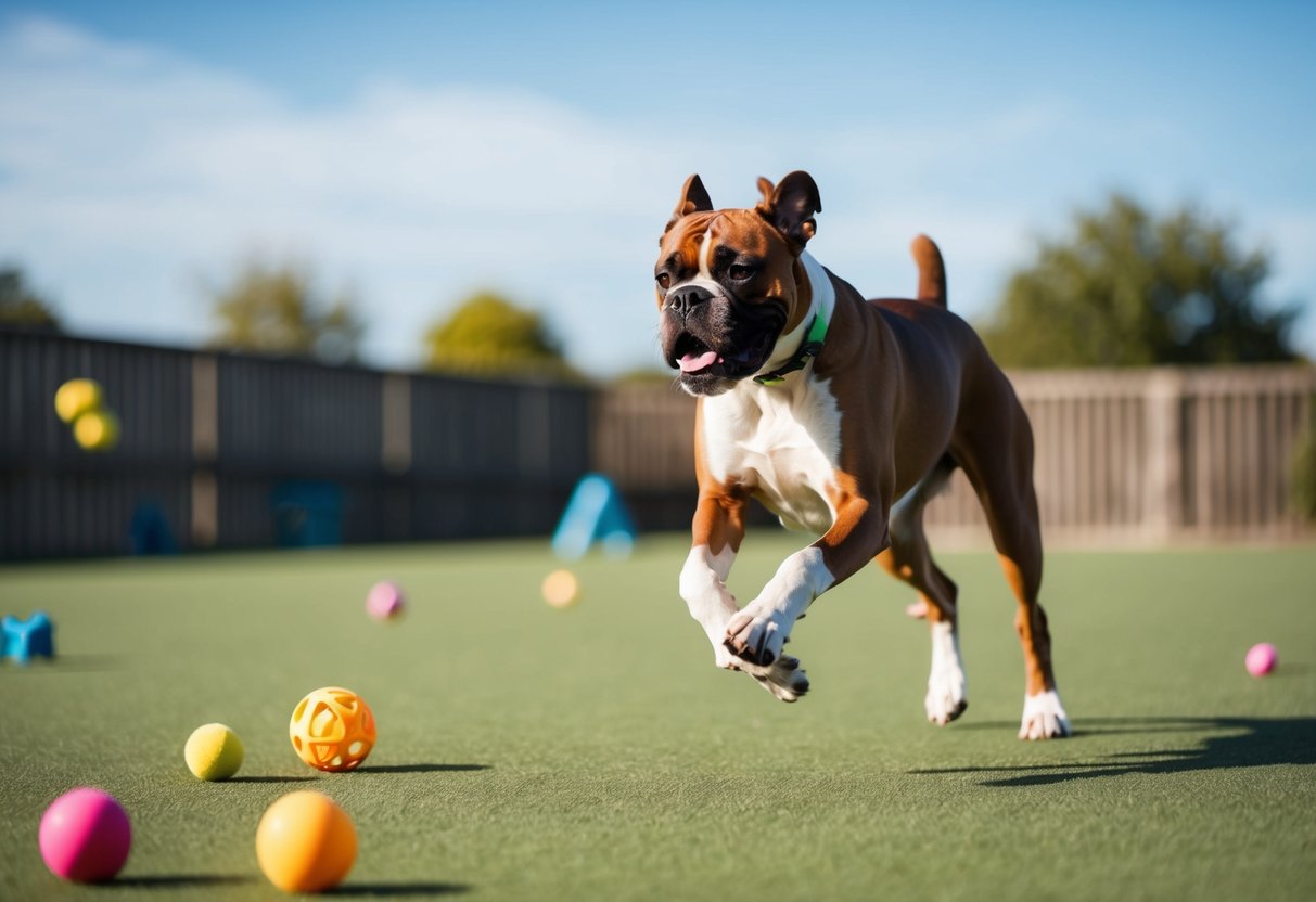 A boxer dog running and playing in a spacious outdoor area, with toys scattered around and a clear blue sky above