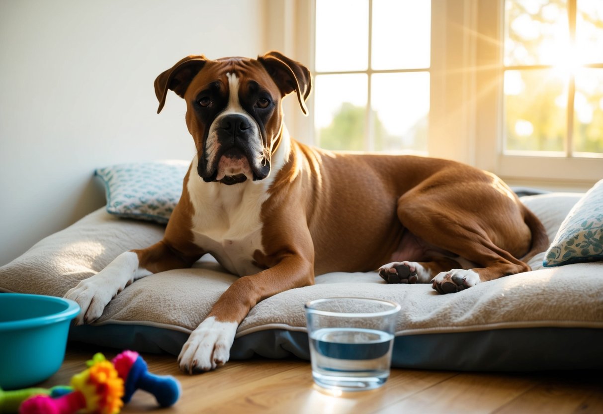 A content boxer dog lounges on a cozy bed, surrounded by toys and a water bowl. Sunshine streams through a window, casting a warm glow on the relaxed pup