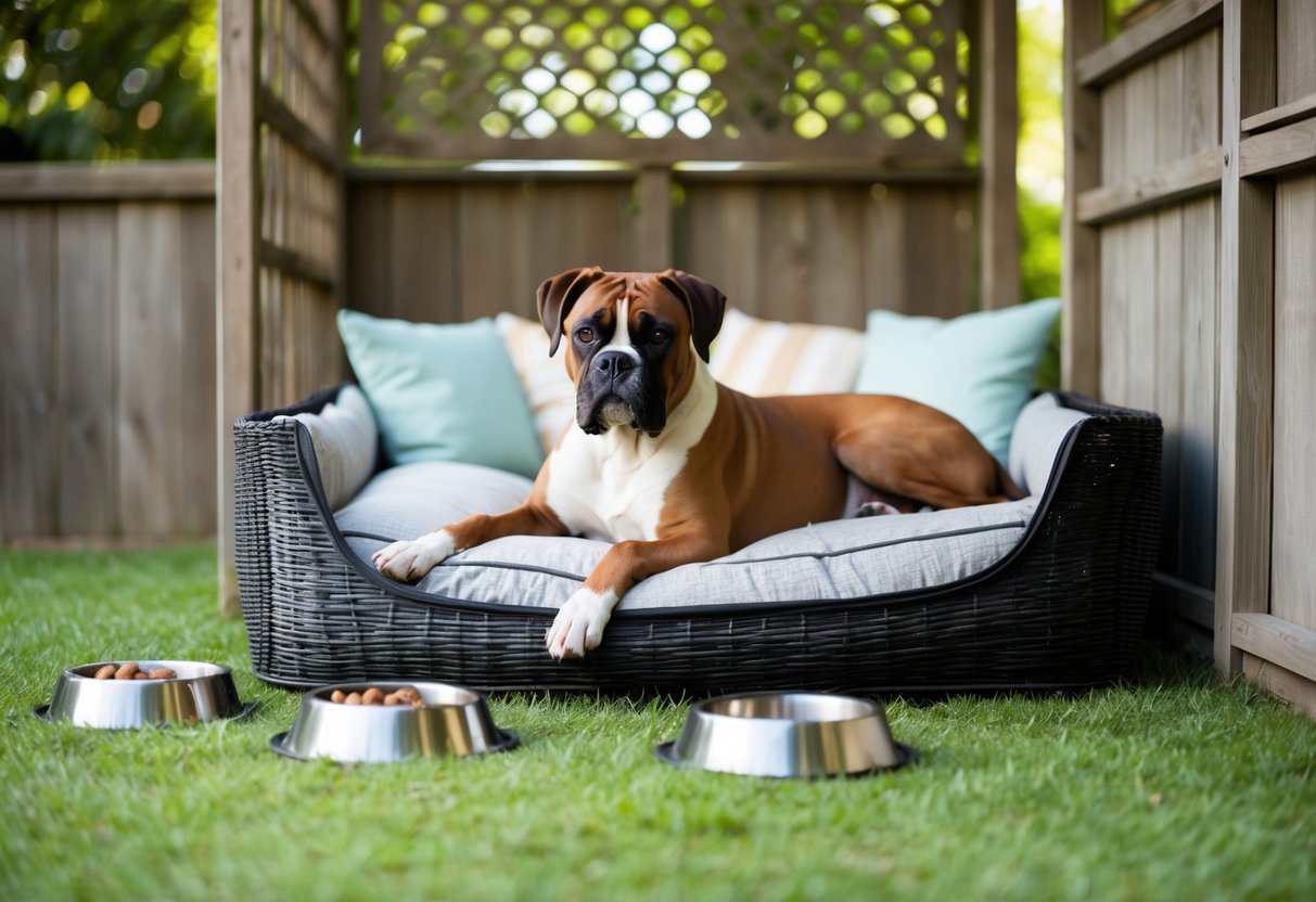 A boxer dog lounges comfortably in a spacious outdoor kennel, complete with a cozy bed, food and water bowls, and ample shade