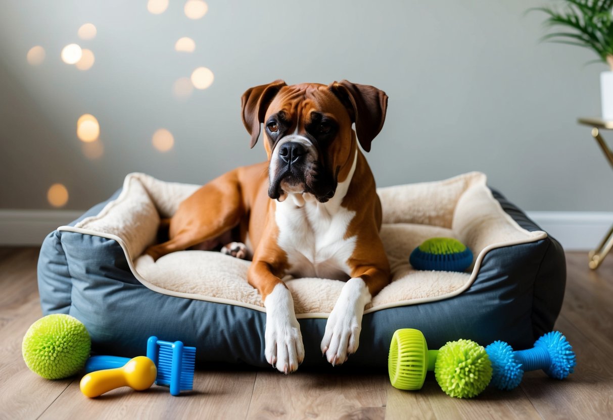 A boxer dog lounges contentedly on a plush bed, surrounded by toys and grooming supplies. Its coat is shiny and well-maintained, and it appears relaxed and happy