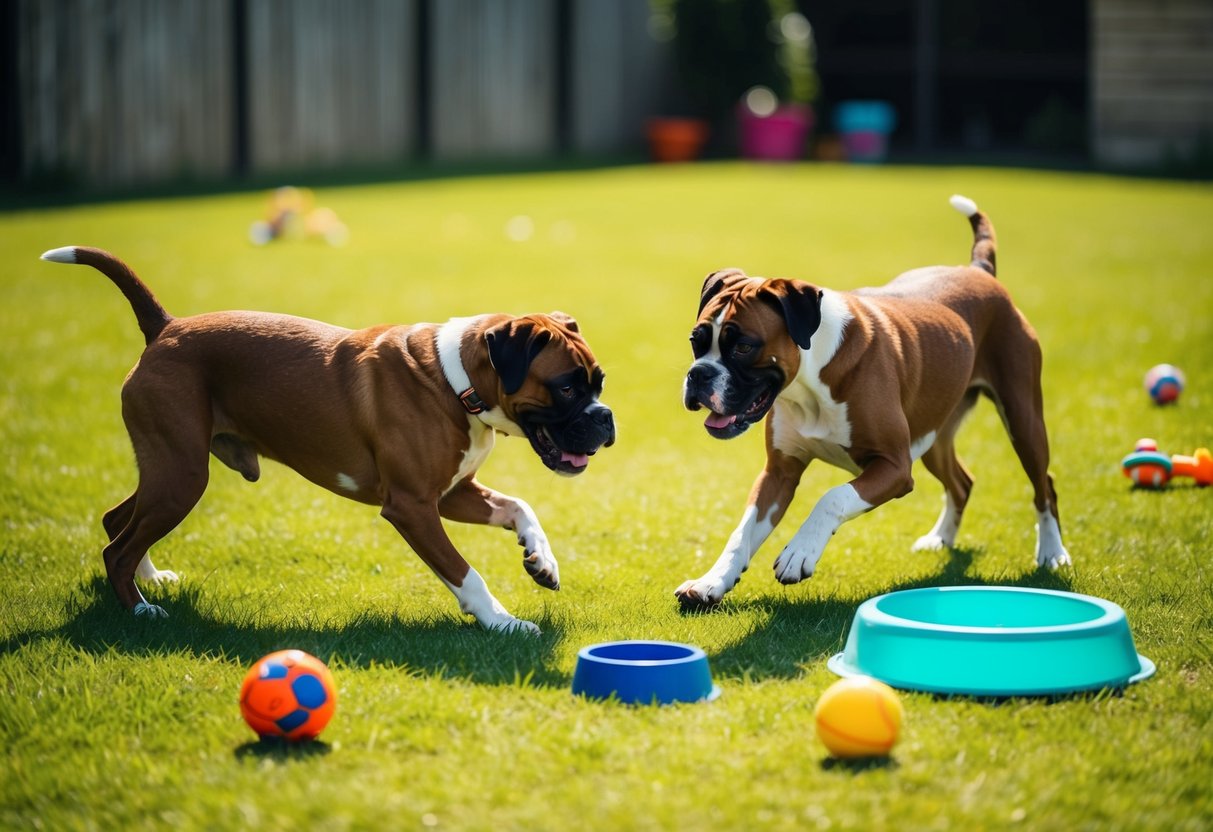 Two boxer dogs playing in a spacious backyard, with toys scattered around and a water bowl nearby. They are interacting with each other and showing signs of socialization and training