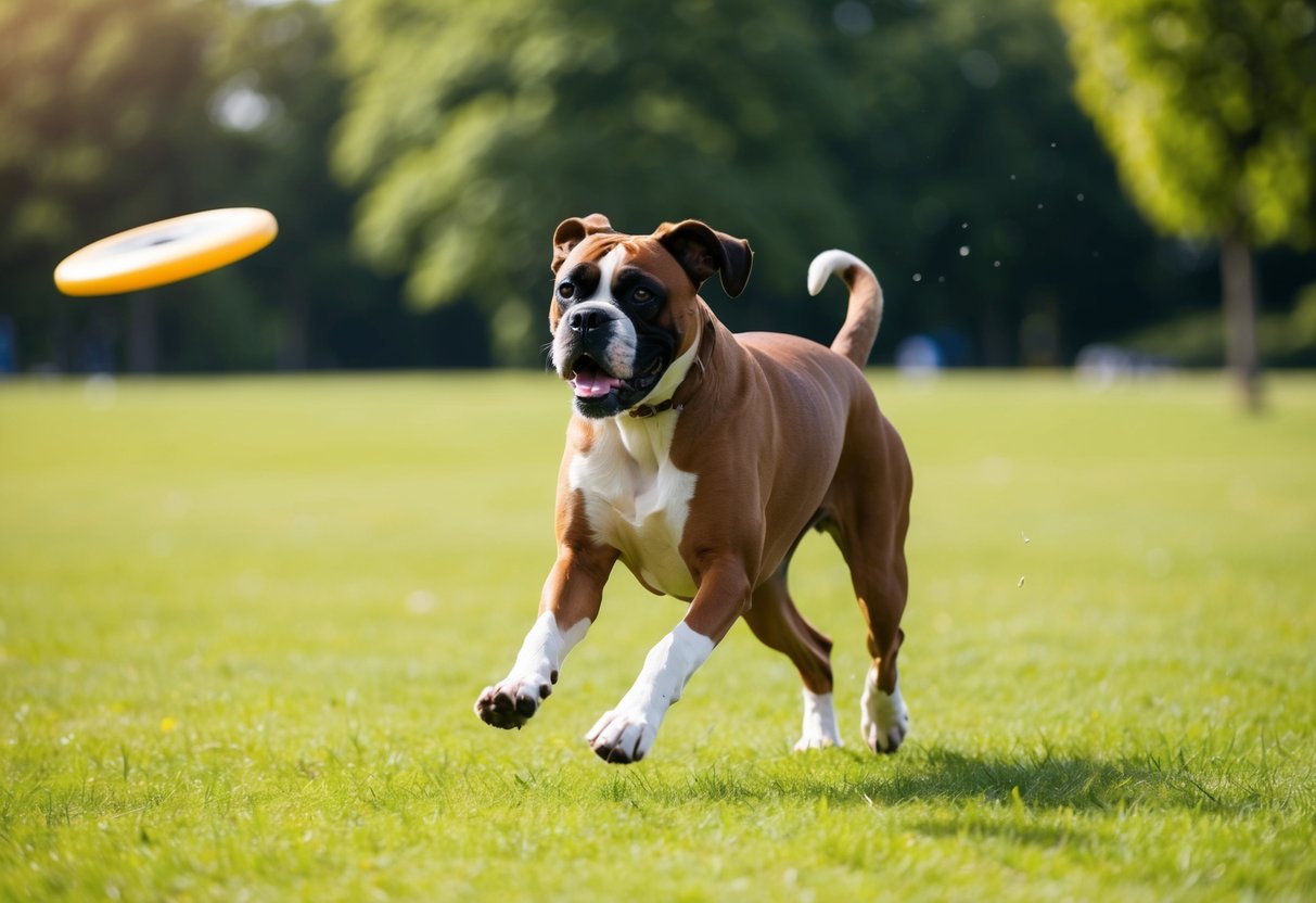 A boxer dog runs energetically through a spacious park, chasing after a frisbee thrown by its owner