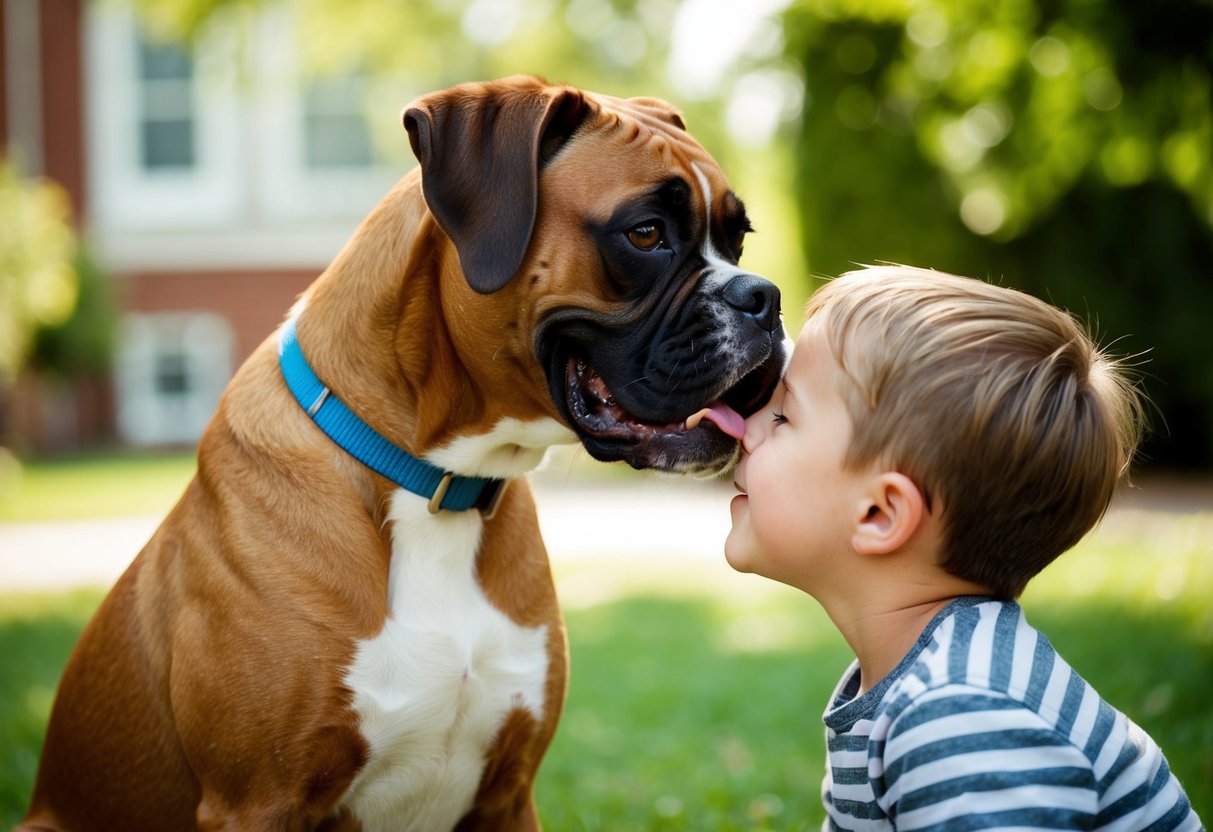 A Boxer dog wags its tail and nuzzles a child, showing its friendly nature