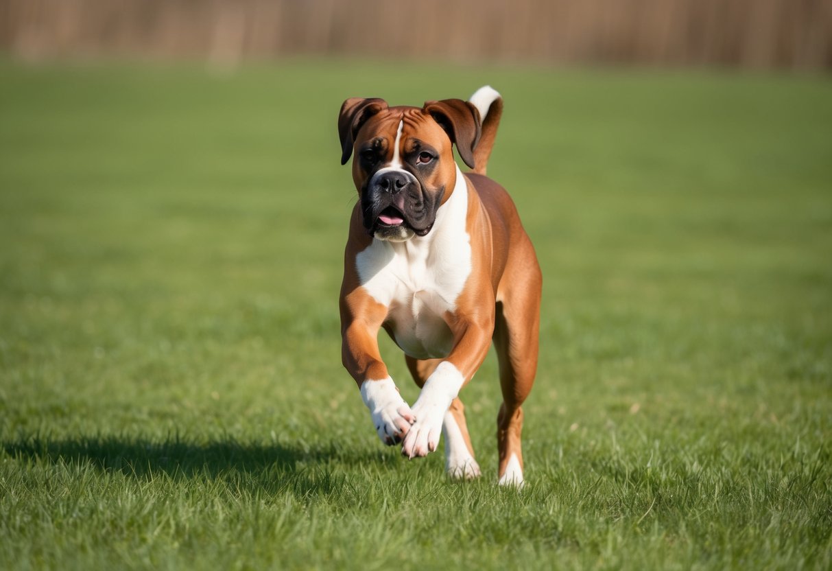 A boxer dog running and playing in a spacious, grassy field