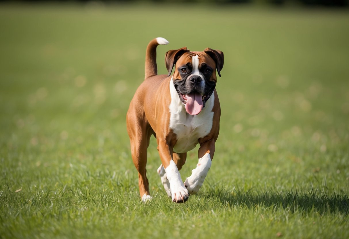 A playful Boxer dog runs through a grassy field, its tongue lolling out and tail wagging happily