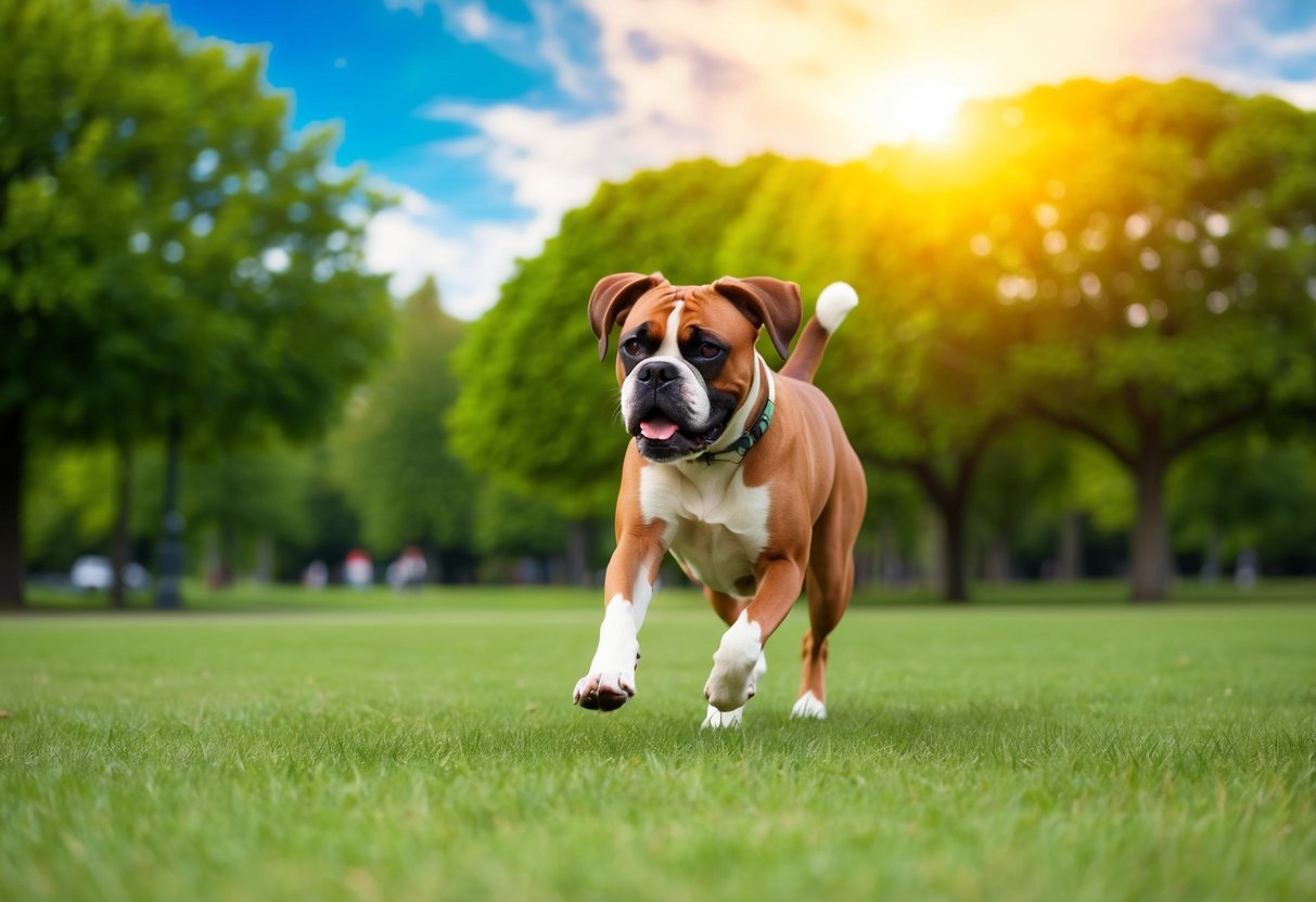 A boxer dog running and playing in a spacious, green park with a vibrant, sunny sky overhead