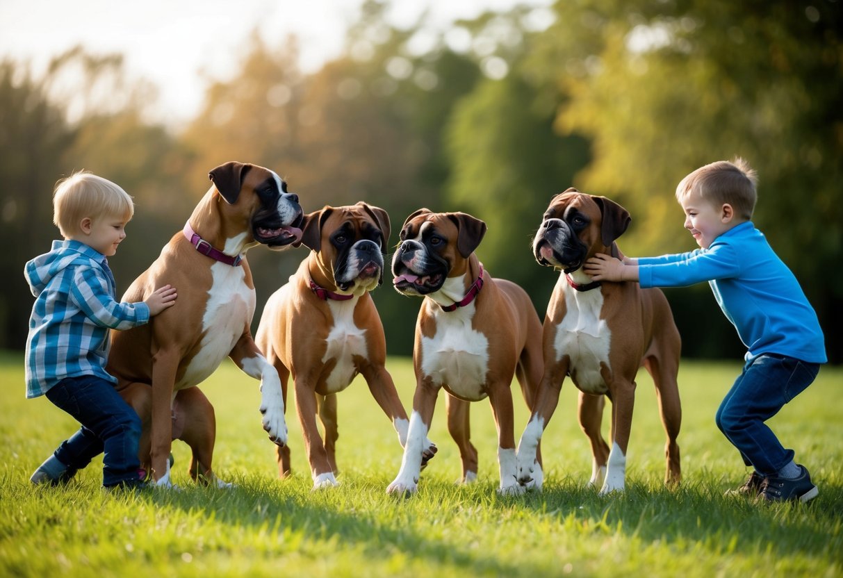 A group of boxer dogs playfully interact with children, showcasing their loyal and protective nature