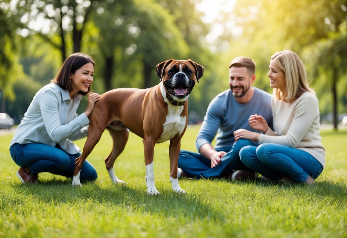 A happy Boxer dog playing in a park with a family, showing friendly and caring behavior