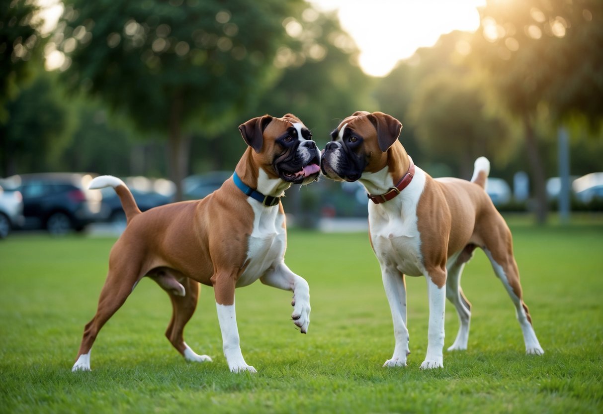 Two Boxers playing in a dog park, wagging tails and sniffing each other