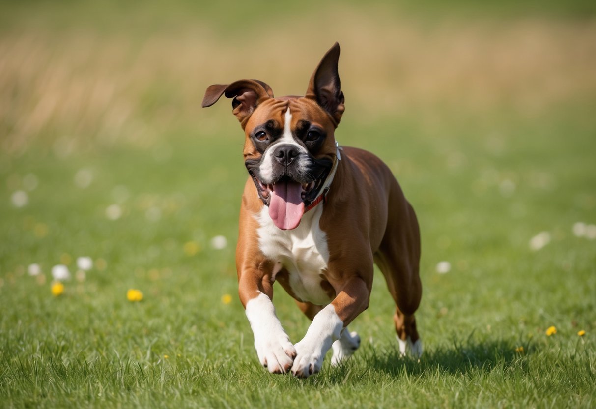 A joyful boxer dog running in a grassy field, tongue out and ears flapping, exuding energy and playfulness