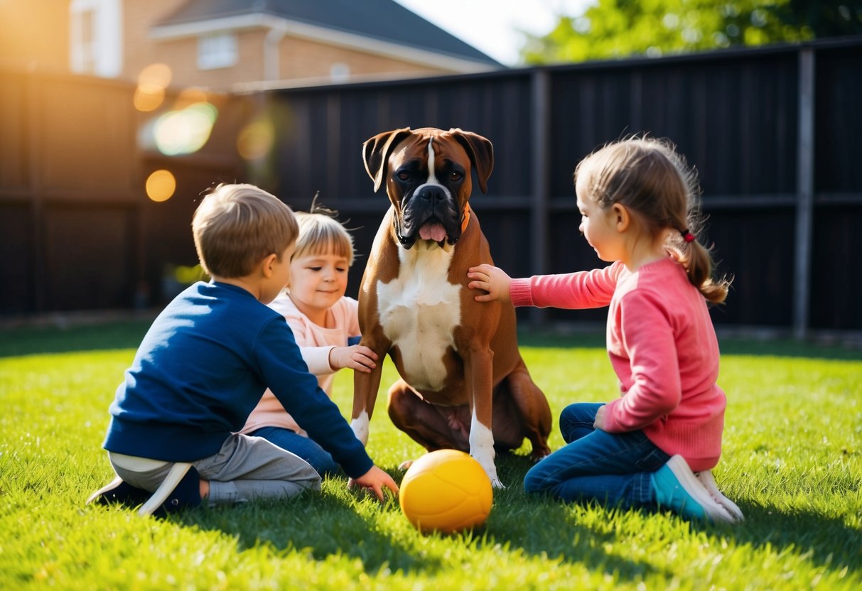 A boxer dog playing with children in a backyard, showing loyalty and protective nature