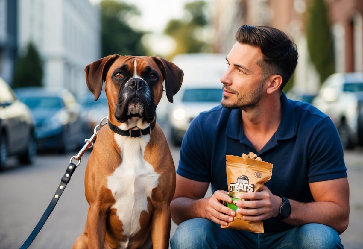 A boxer dog sits obediently beside its owner, gazing up with adoring eyes. The owner holds a leash and a bag of treats, ready for a training session