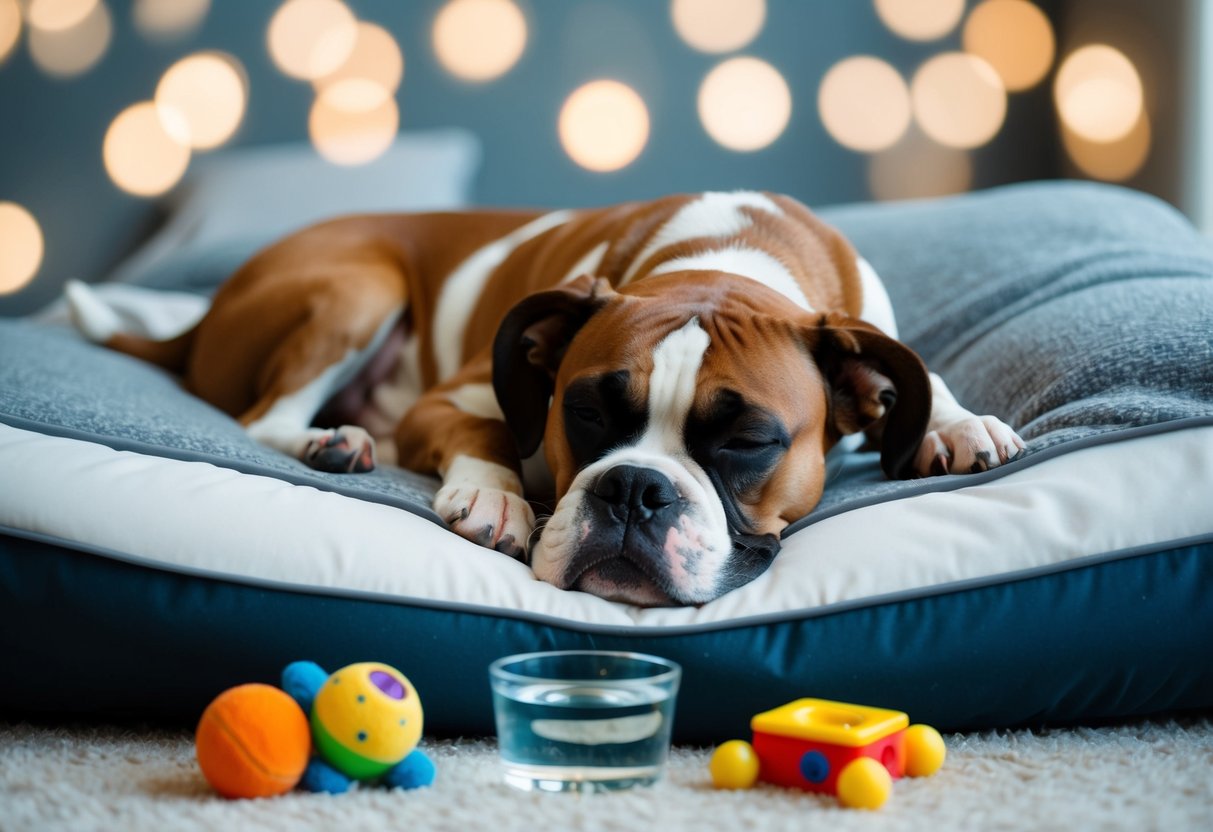 A boxer dog sleeping peacefully on a cozy bed, surrounded by toys and a water bowl