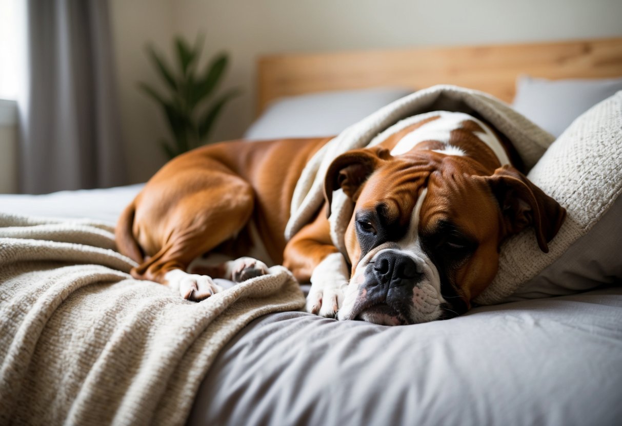 A boxer dog curled up on a cozy bed, eyes closed, sleeping peacefully, with a soft blanket draped over its body