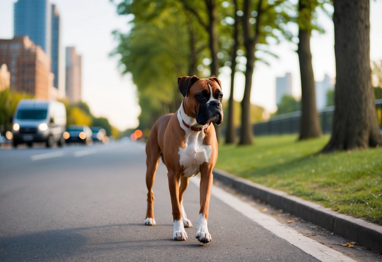 A boxer dog takes three walks daily, trotting through a park, along a city street, and through a wooded trail