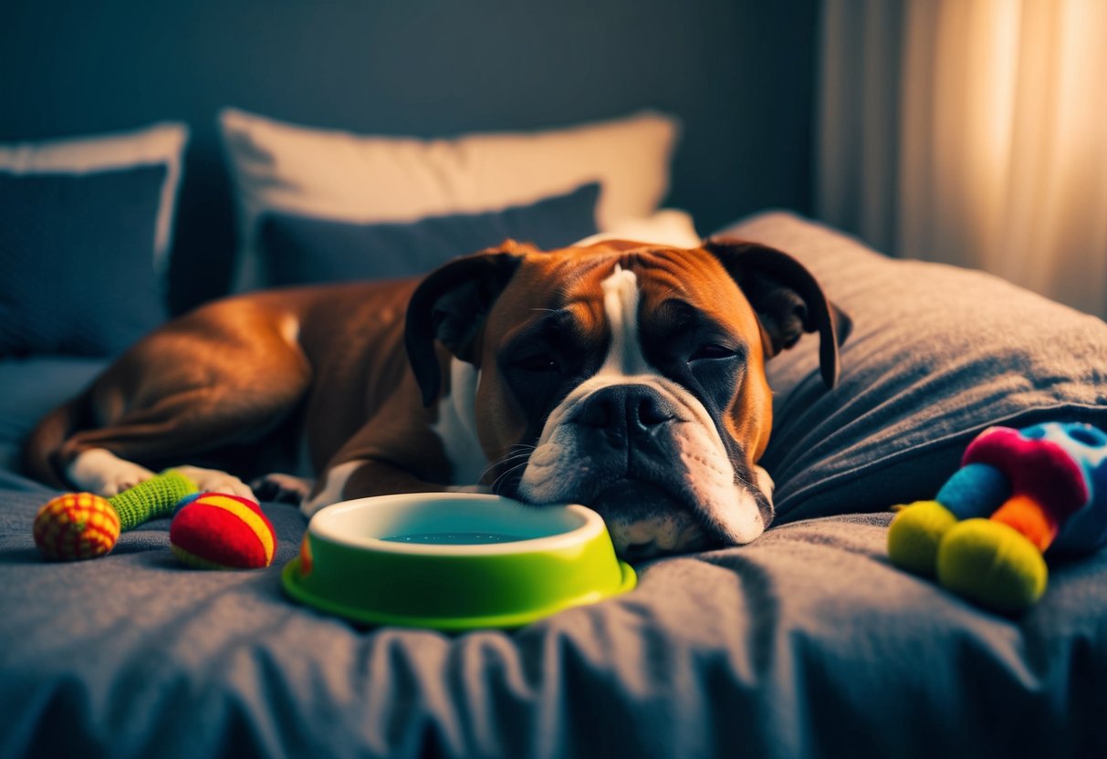A boxer dog sleeps peacefully on a cozy bed, surrounded by toys and a water bowl. The room is dimly lit, creating a calm and relaxed atmosphere