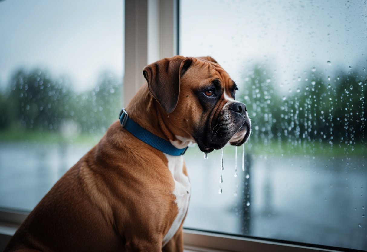 A boxer dog sits alone, tears streaming down its face, looking forlornly out a rainy window