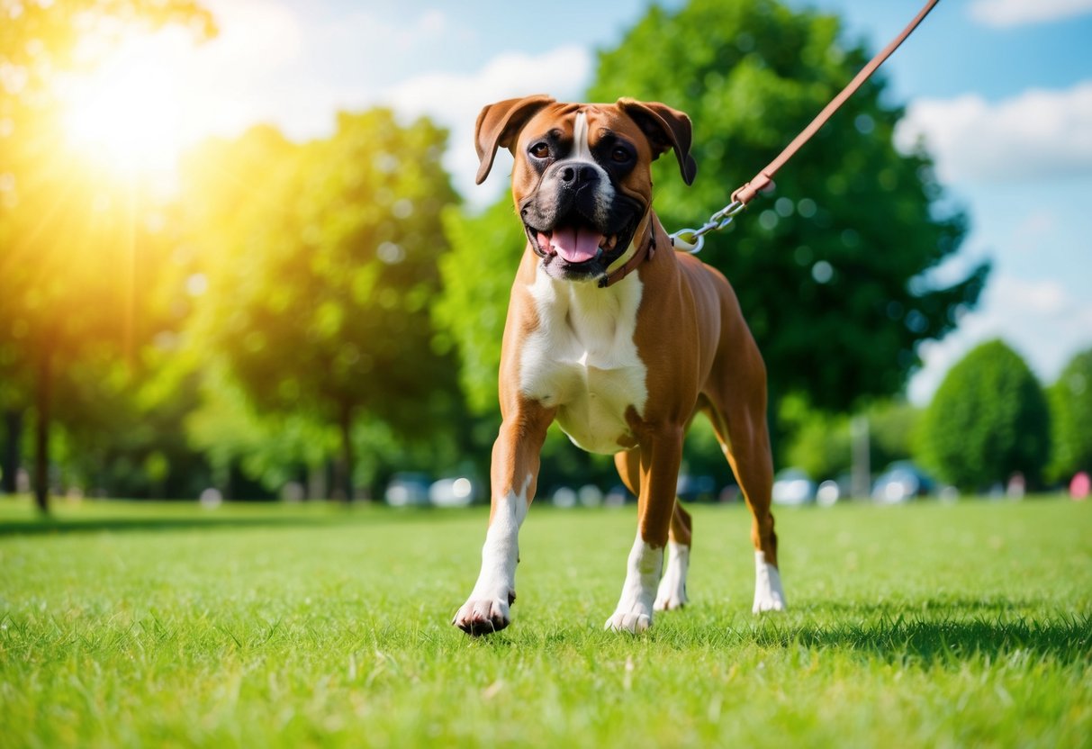 A boxer dog eagerly walks through a green park, leash in mouth, with a bright, sunny sky overhead