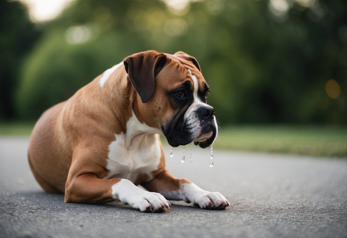 A boxer dog sits alone, head tilted, with a mournful expression, tears streaming from its eyes