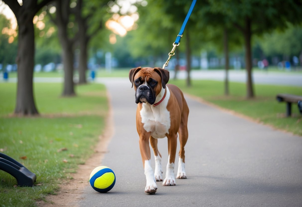 A boxer dog on a leash, walking through a park with trees and a path, with a ball and training equipment nearby