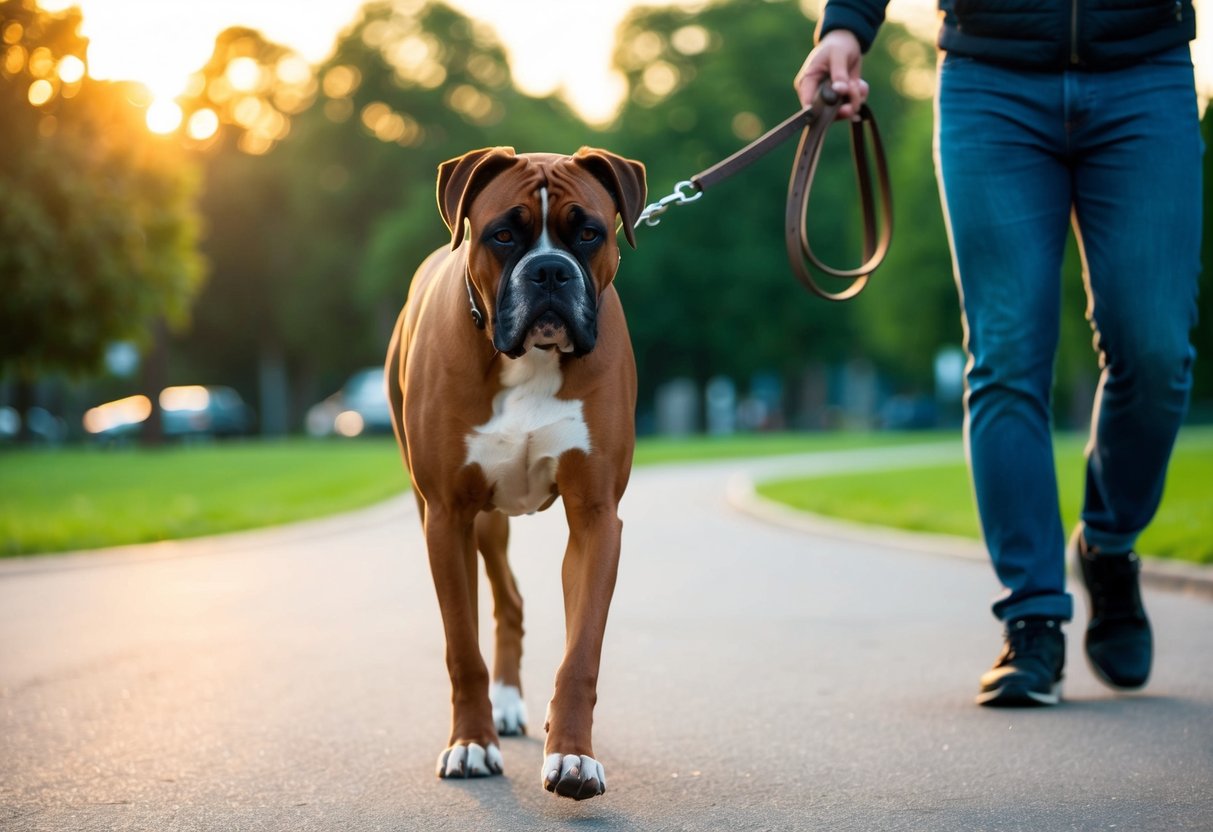 A muscular boxer dog walks confidently through a park, with a leash in its owner's hand. The sun is setting, casting a warm glow over the scene