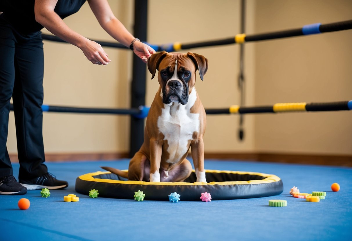 A boxer dog sits calmly in a training ring, surrounded by toys and treats. A trainer stands nearby, using positive reinforcement to teach the dog new commands