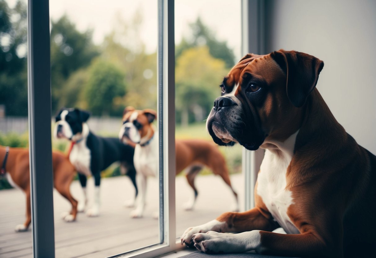 A boxer dog sitting alone, looking out a window with a sad expression, while other dogs play and socialize outside