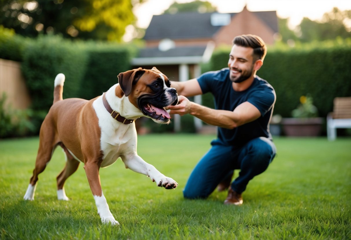 A happy boxer dog playing with a first-time owner in a spacious backyard