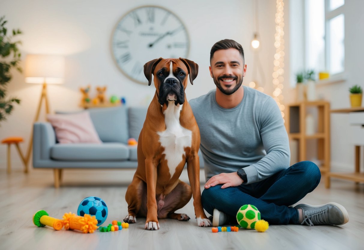 A boxer dog sitting obediently next to a smiling owner, surrounded by toys and training treats