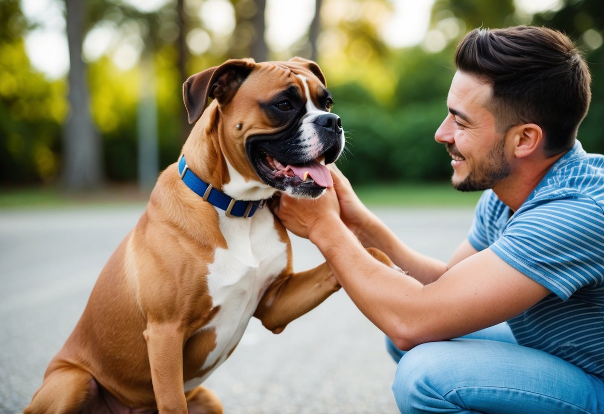 A boxer dog happily playing with a first-time owner, showing affection and trust