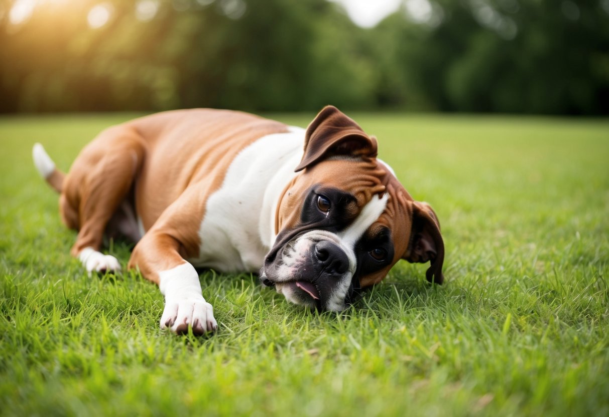 A boxer dog pants heavily, lying exhausted on a grassy field after a long day of play